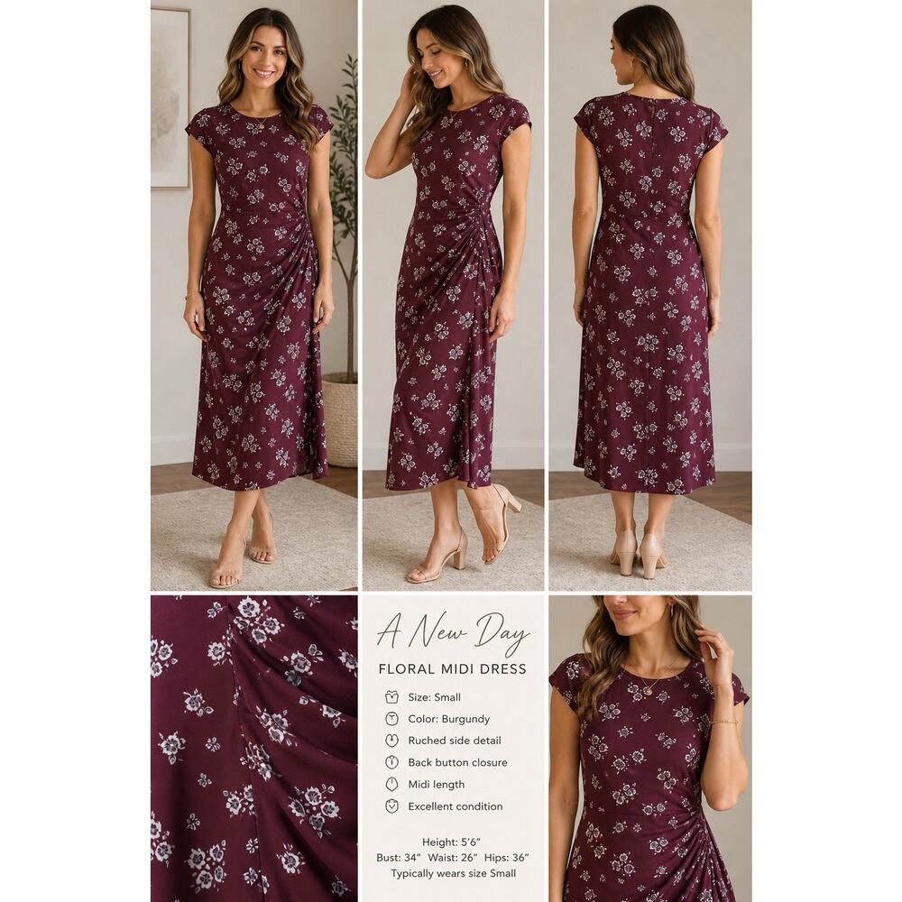 A New Day Women's S Short Sleeve Ruched Midi Shift Dress Burgundy Blue Floral
